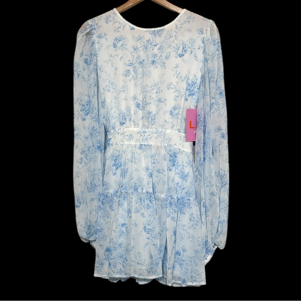 LDT Goddess Floral Minidress Size 12 White Blue Long Sleeve Sheer Preppy READ